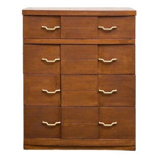 Four Drawer 1950s High Boy With Gold Hardware For Sale