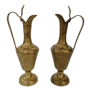 Late 20th Century Vintage Etched Brass Ewer Pitcher Pedestal Urn Vase Handmade in India - Set of 2