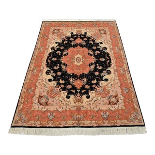 Fine Tabriz Rug 5′ X 6’8” Black Wool/Silk Traditional Hand-Knotted Carpet For Sale