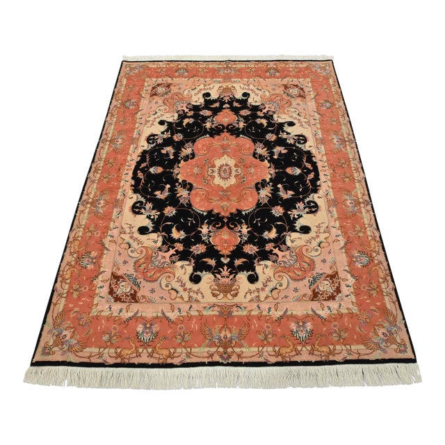 Fine Tabriz Rug 5′ X 6’8” Black Wool/Silk Traditional Hand-Knotted Carpet For Sale