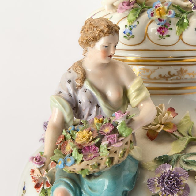 Antique White Large Pair Antique Dresden Porcelain Three-Part Lidded Vases / Figural Handles For Sale - Image 8 of 9