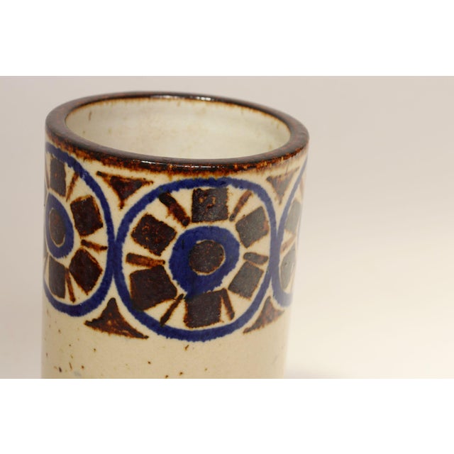Ceramic Scandinavian Modern Stoneware Cylindrical Vase With Geometric Motif For Sale - Image 7 of 12