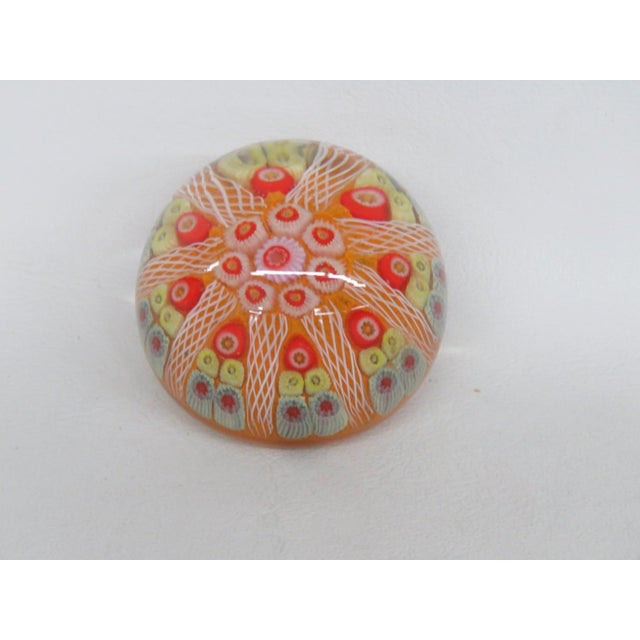 Orange Orange and Yellow Millefiori Art Glass Rounded Paperweight White Latticino 4846b For Sale - Image 8 of 12