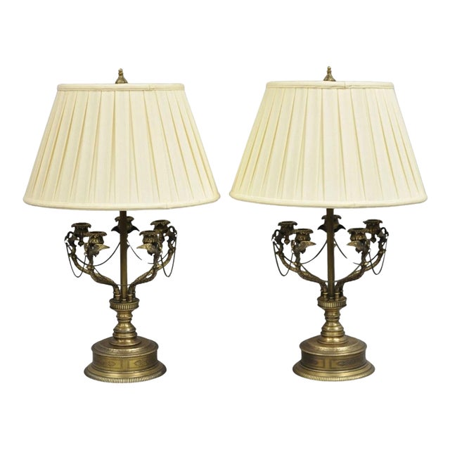 Vintage French Regency Style Brass Swans Candelabra Table Lamps - A Pair For Sale