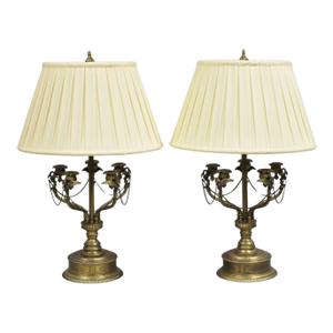 Vintage French Regency Style Brass Swans Candelabra Table Lamps - A Pair