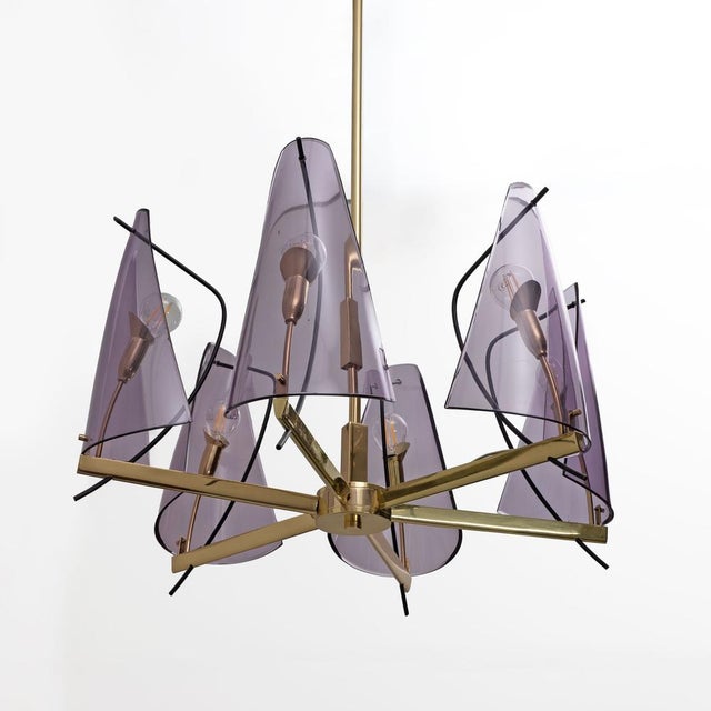 Mid-Century Italian Chandelier in Brass and Purple Acrylic Glass from Stilux Milano, 1970s For Sale - Image 6 of 8