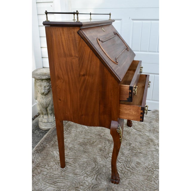 Antique Country French Style Mahogany Slant Front Desk W/Brass Gallery Top For Sale - Image 9 of 12