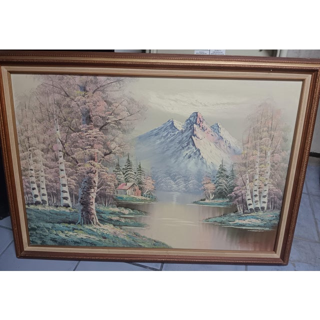 This striking, large-scale original mid-century oil painting captures a serene, nostalgic winter landscape. Executed on...