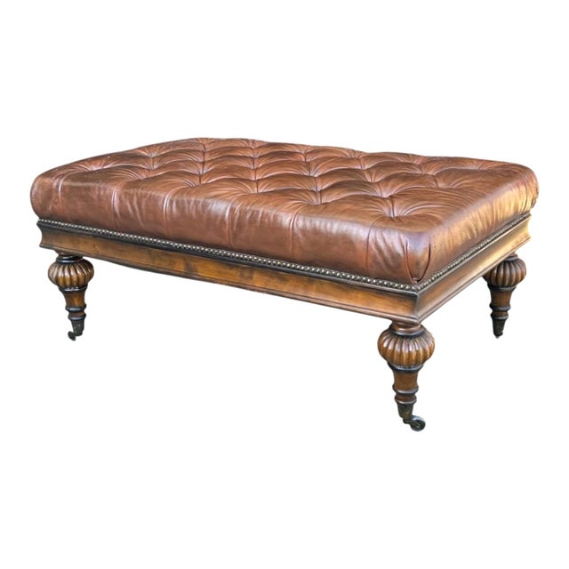 1980s Vintage Tufted Brown Leather Ottoman Bench With Nailhead Trim & Carved Wood Legs on Casters For Sale - Image 5 of 15