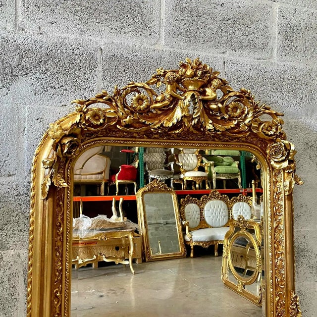 Gold Ornate French Baroque Floor Mirror With Hand-Gilded Gold Leaf Frame & Cherub Details For Sale - Image 8 of 9