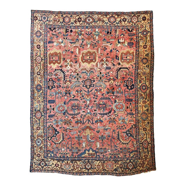 Antique Heriz Village Carpet Rare Camel Border with Coral Ground in Naive Harshang Design with Sickle Leaf Motif Rug 9.4 x 11.4 For Sale