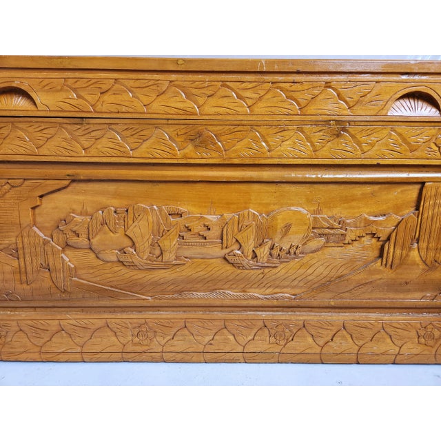 Mid 20th Century Asian Hand Carved Wooden Trunk - Hope Chest For Sale - Image 10 of 13