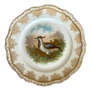 1910s Oscar & Edgar Gutherz Royal Austria Luncheon Plate with Game Bird Scene, Gold Floral Rim, Gold Dots Trim, Scalloped