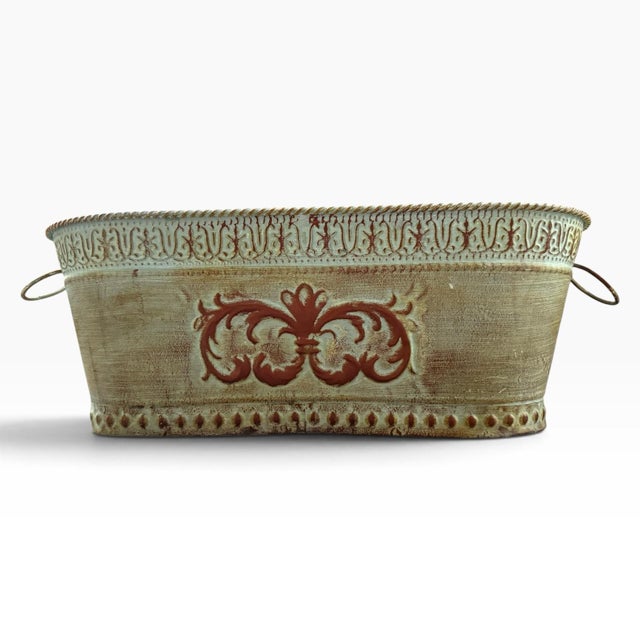 French Country Vintage Embossed Metal Jardinière Planter With Ring Handles | Distressed French Country Cachepot For Sale - Image 3 of 7