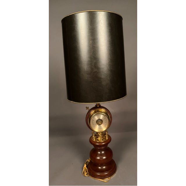 Wood Mid 20th Century Large Brass & Mahogany Nautical Desk Lamp With Clock and Barometer Swivel Head For Sale - Image 7 of 15