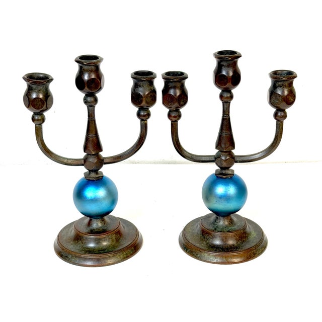 Pair of Tiffany Studios No. 1312 Patinated Bronze & Blue Favrile Glass Candelabra Estate of John Loring (1939–2026), the...