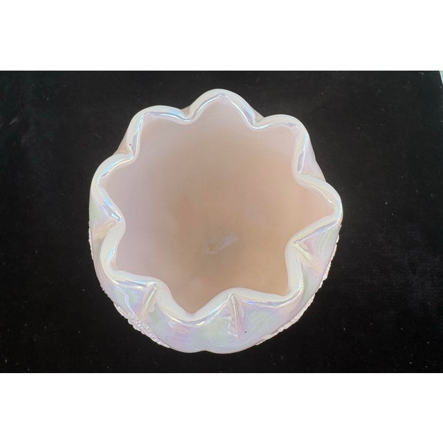 Pink Vintage Fenton Pink Opalescent Carnival Glass Three-Footed Grape & Vine Rose Bowl For Sale - Image 8 of 11