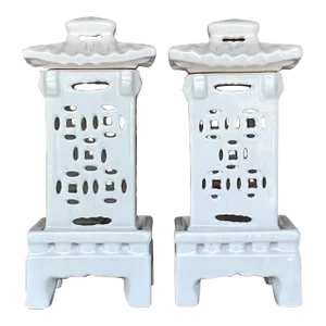 Vintage Asian Glazed Ceramic Pagoda Lanterns - a Pair