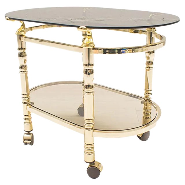 Hollywood Regency Brass & Smoked Glass Serving Trolley, 1960s For Sale