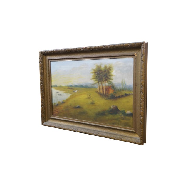 Antique 1916 William Edwin Fitzmaurice Impressionist country landscape oil painting on canvas, depicting a tranquil...