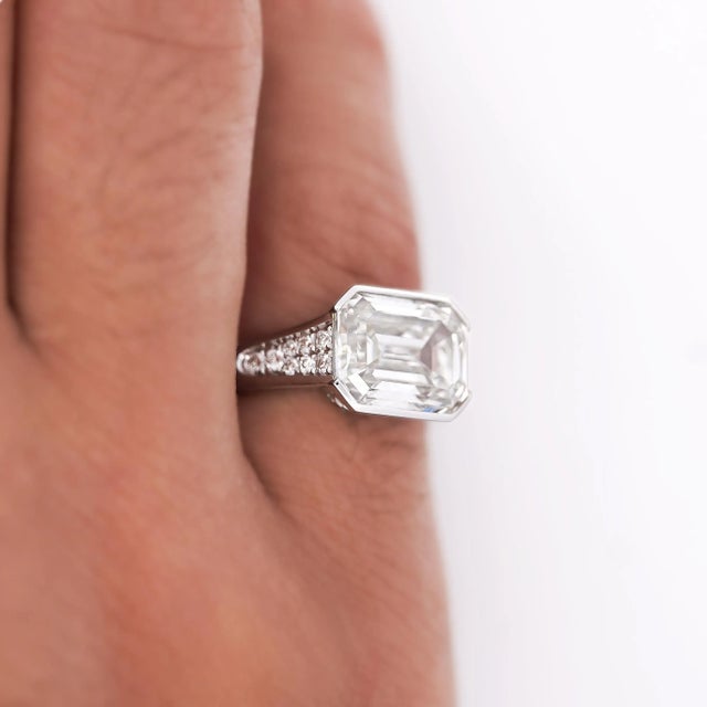 Metal 5.53 Carat Emerald Cut Lab Grown Diamond Half Bezel White Gold Ring, Size 7 For Sale - Image 7 of 9