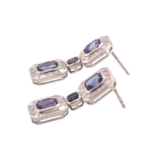 Contemporary Octagon Sapphire and Diamond Platinum Drop Earrings - Fei Liu, Pair For Sale - Image 3 of 5