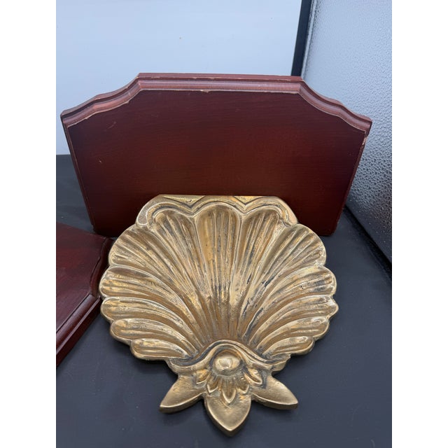 1980s Pair of Brass and Mahogany Shell Wall Brackets For Sale - Image 4 of 10