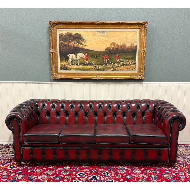 TIMELESS Vintage English Leather Tufted Seat CHESTERFIELD 4-Seat Sofa Oxblood Red PERFECT ICONIC look for a gentleman's...