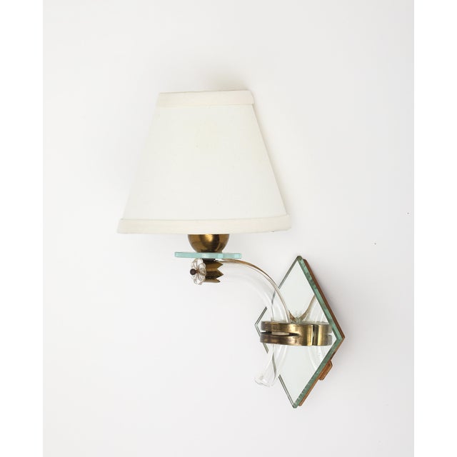 Midcentury French Mirrored Sconces With Blown Glass and Brass Fittings For Sale - Image 4 of 11