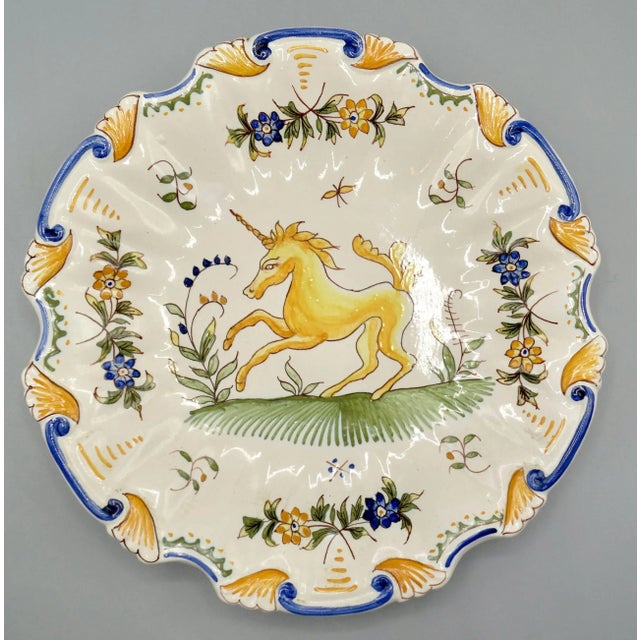 Antique White Antique French Moustiers Large Plate With Unicorn Hand Painted For Sale - Image 8 of 12