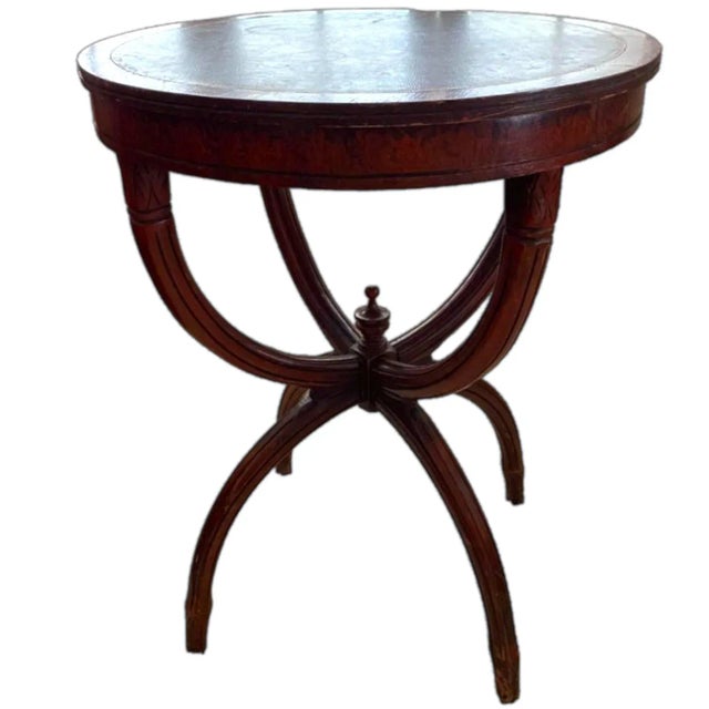 W. & J. Sloane Vintage 1940s Round Mahogany & Tooled Leather Topped Side Table With Spider Legs For Sale - Image 4 of 12