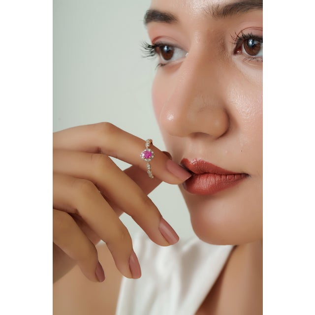 Ruby Red Oval Cut Ruby & Diamond Floral Halo Vintage Ring Size 6 in 14k Yellow Gold For Sale - Image 8 of 15