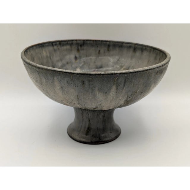 Late 20th Century Handcrafted Studio Pottery Blue Gray Glaze Speckled Pedestal Bowl Signed For Sale - Image 10 of 12