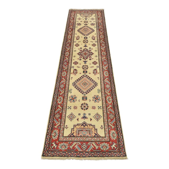 Kazak Runner 2’8” X 9’7” Beige Wool Tribal Hand-Knotted Oriental Rug For Sale