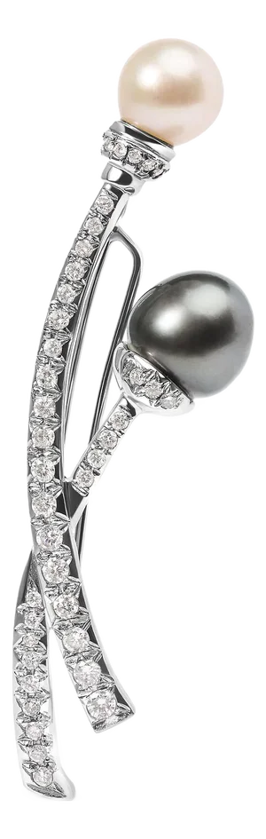 18K White Gold 3/5 Cttw Diamond and Cultured South Sea Black and White Pearl Brooch Pin (H-I Color,