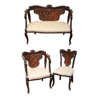 Late 19th Century French Style Antique Mahogany Love Seat Armchair & Single Chair Set- 3 Pieces For Sale
