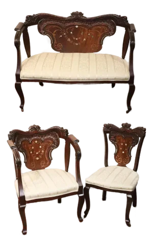 Late 19th Century French Style Antique Mahogany Love Seat Armchair & Single Chair Set- 3 Pieces