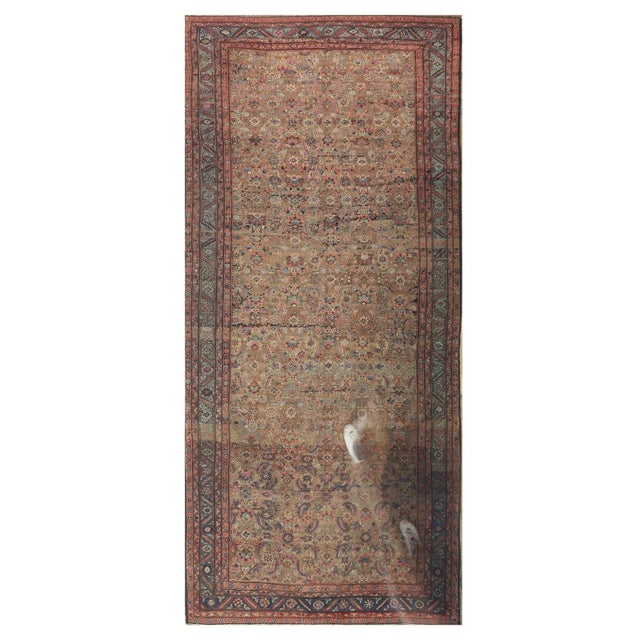 Camel 1880s Rustic Camel Geometric Antique Bakshaiesh Handknotted Wool Gallery Rug For Sale - Image 8 of 8