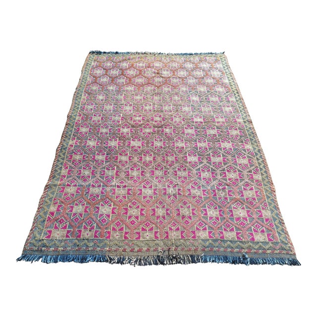 Mid 20th Century Vintage Handmade Embroidery Rug Boho Pink Turkish Kilim For Sale