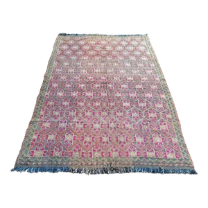 Mid 20th Century Vintage Handmade Embroidery Rug Boho Pink Turkish Kilim