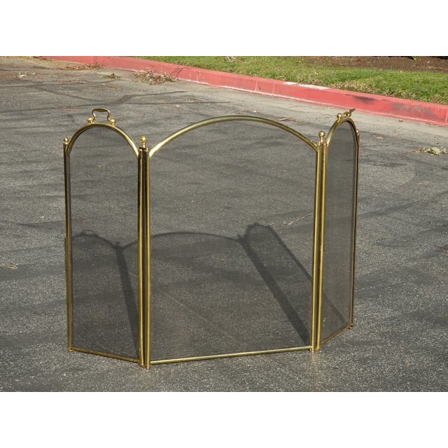 Vintage French Country Neoclassical Three Panel Gold Fireplace Screen W Finials For Sale - Image 4 of 17