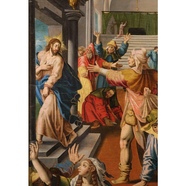 Workshop of Maarten De Vos, Christ Expelled from the Temple of Jerusalem, 1600, Oil on Canvas For Sale - Image 4 of 14