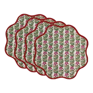 Handmade Round Scalloped Holiday Floral Placemats with Red Trim - Set of 4