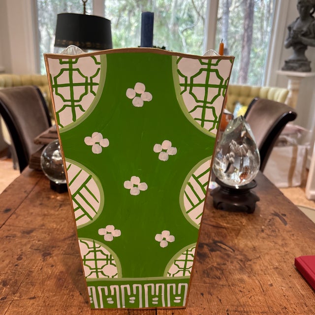 New metal wastebasket in pretty green & white painted design.