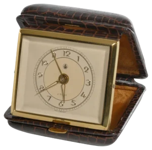 Travel Alarm Clock in Brass and Faux Snakeskin from G.W., Germany, 1950s