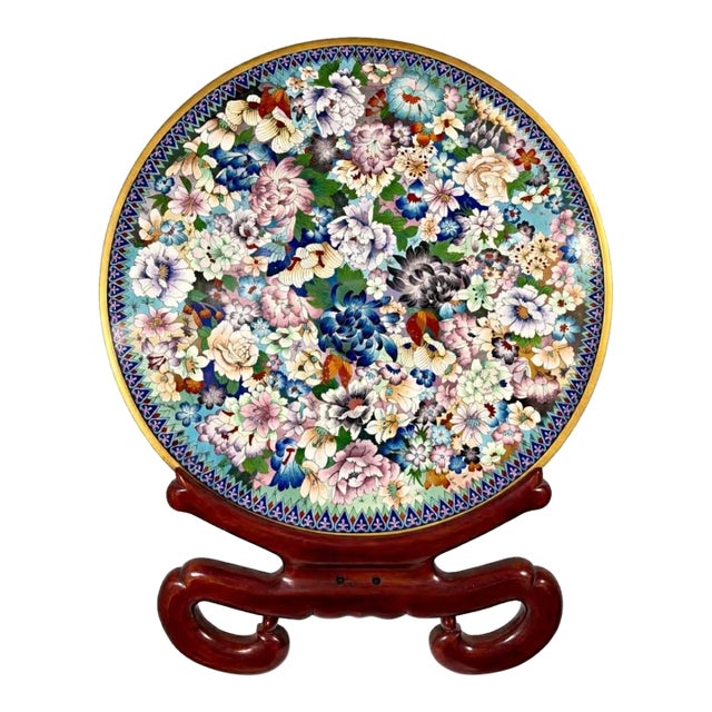 1960s Large Chinese Cloisonné Enamel "Thousand Flowers" Charger, 25" Diameter, 32.5" H on Stand For Sale