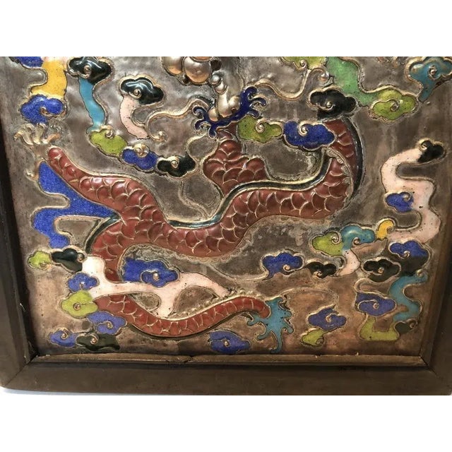 1920s Antique Chinese Repousse Enamel Cloisonne Double Dragon Large Framed Wall Hanging For Sale - Image 5 of 8