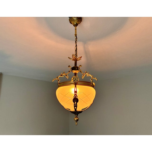 1960s French Brass & Etched Glass Bowl Pendant Light - Restored For Sale - Image 4 of 18
