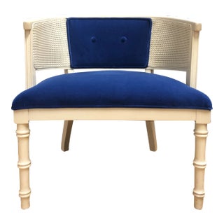 Vintage Hollywood Regency Cane Barrel Back Chair in New Cobalt Blue Italian Velvet For Sale