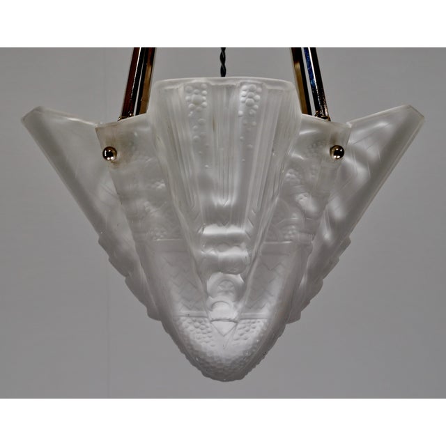 Muller Freres French Art Deco Pendant Chandelier Circa 1930 - Frosted Glass & Nickeled Bronze For Sale - Image 6 of 14